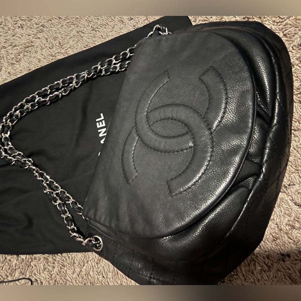 Chanel Black Caviar Leather Large Half Moon Flap Bag AUTHENTIC